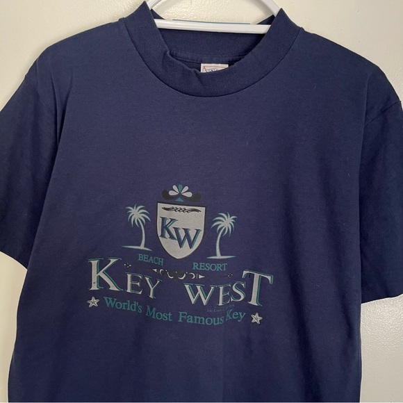 VTG KEY WEST FL DESTINATION TEE SOUVENIR GRAPHIC T SHIRT NAVY TEAL GREY LARGE - Picture 2 of 5
